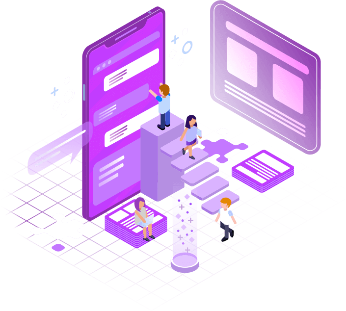 Isometric illustration of a mobile app with people on it.